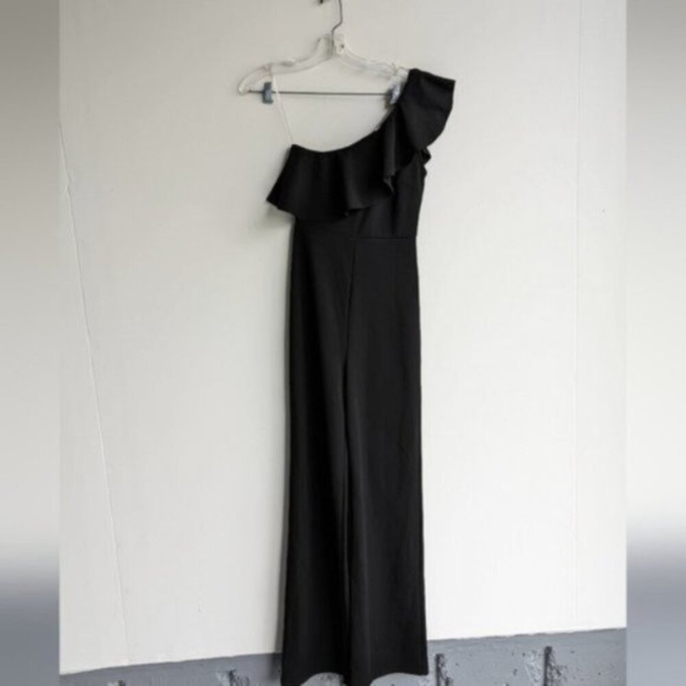 Blue Blush one shoulder ruffle jumpsuit